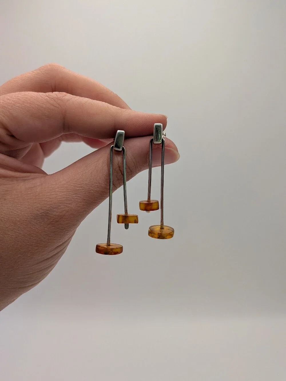 Vintage Sterling 925 Silver Amber Beaded Drop Modernist Minimalist Earrings